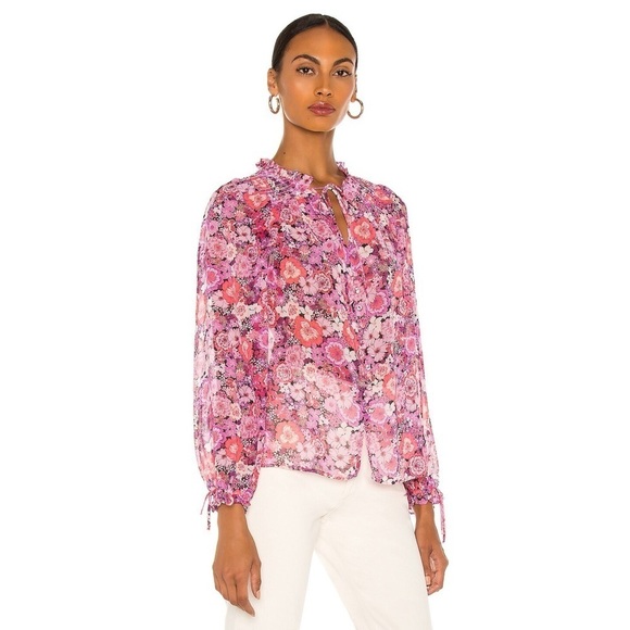 For Love & Lemons Grace Blouse Sheer Floral Long Sleeve Top in Carnation XS - Picture 2 of 12